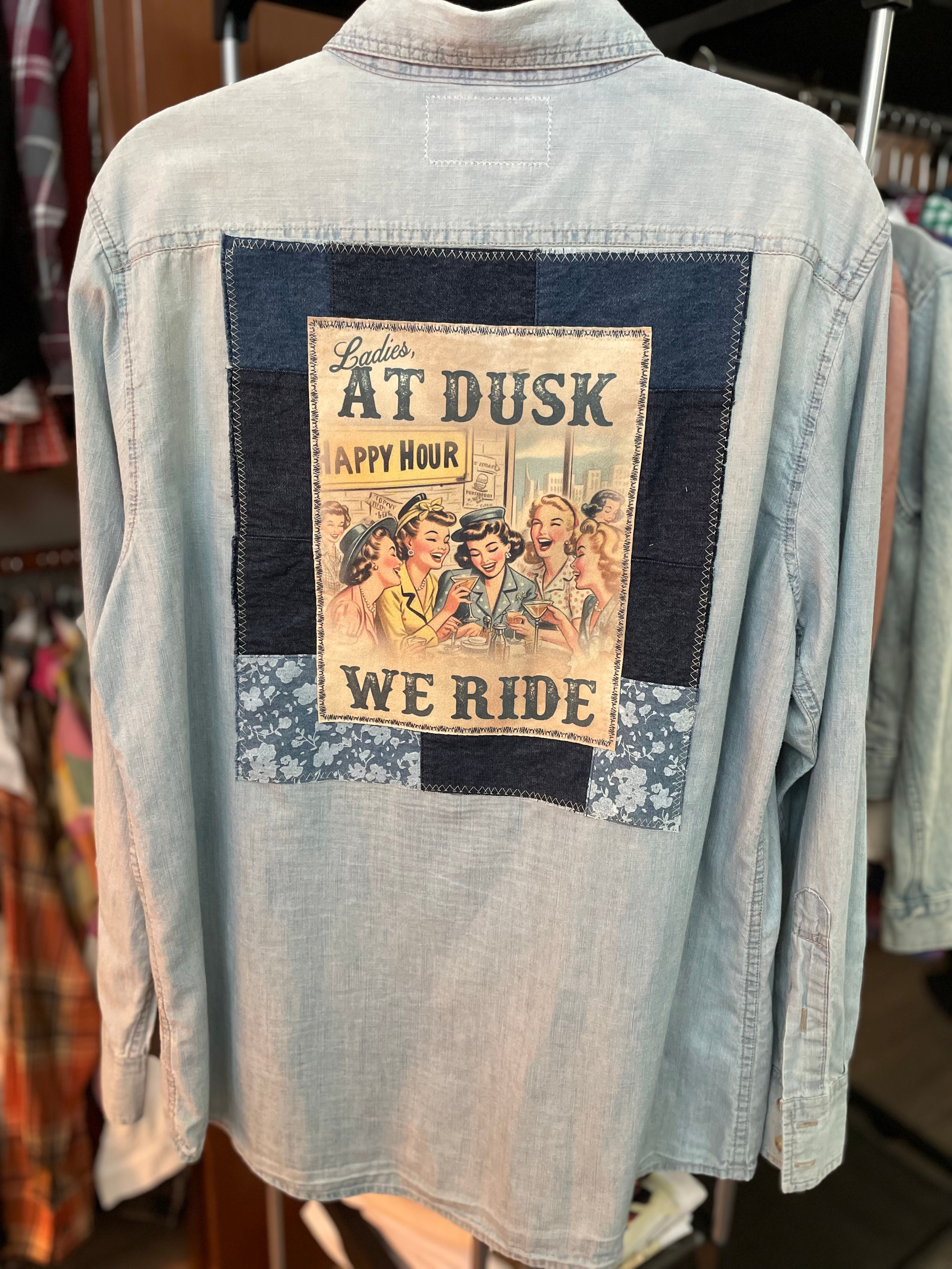 Graphic Button Down, Upcycled -  At Dusk We Ride (L)