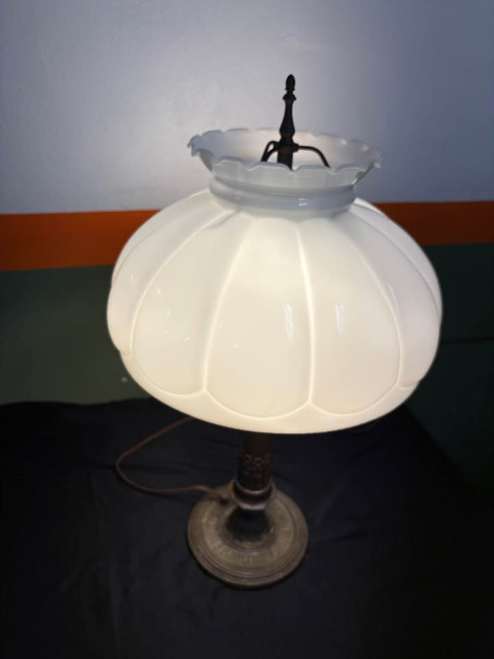 Thumbnail: Antique Metal Lamp With Milk Glass Shade