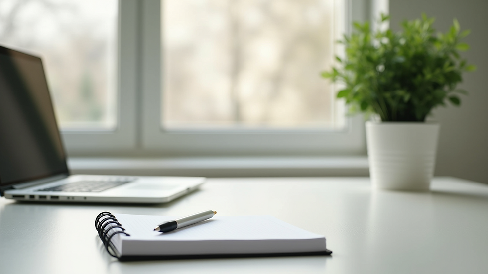 Eye-level view of a serene workspace with a plant and a notebook