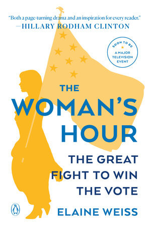 Cover of the book The Woman's House featuring a white background, yellow silhouette of a woman carrying an American flag with book title in blue over it.