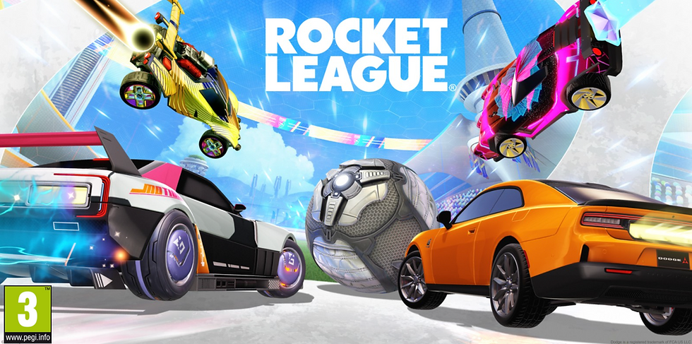 Colorful cars hover and race around a futuristic arena with a large ball; the text "ROCKET LEAGUE" is displayed overhead.