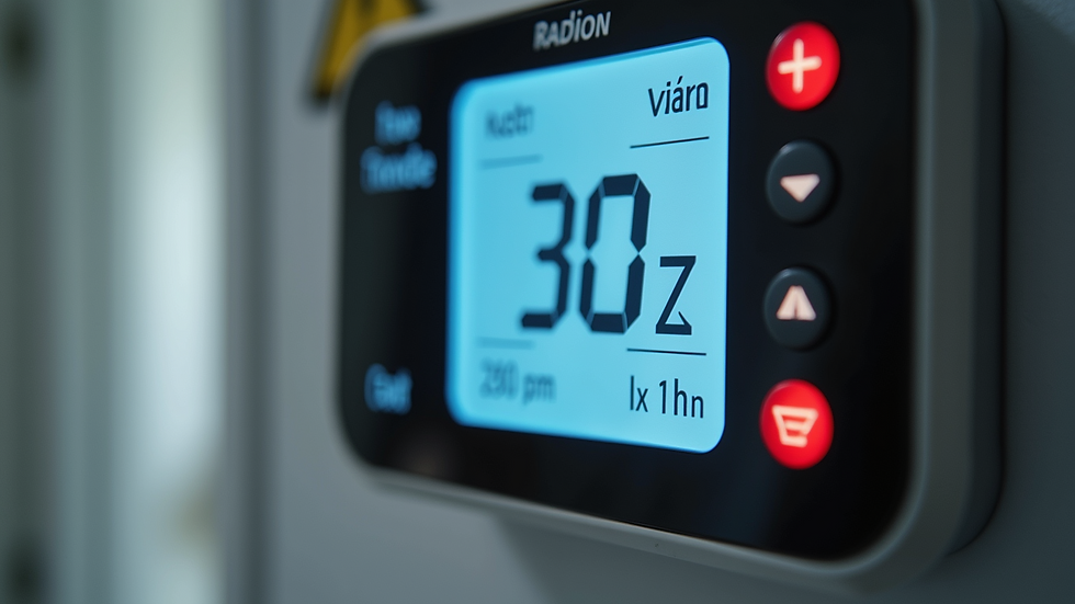 Close-up view of a radon detector display showing measurement results