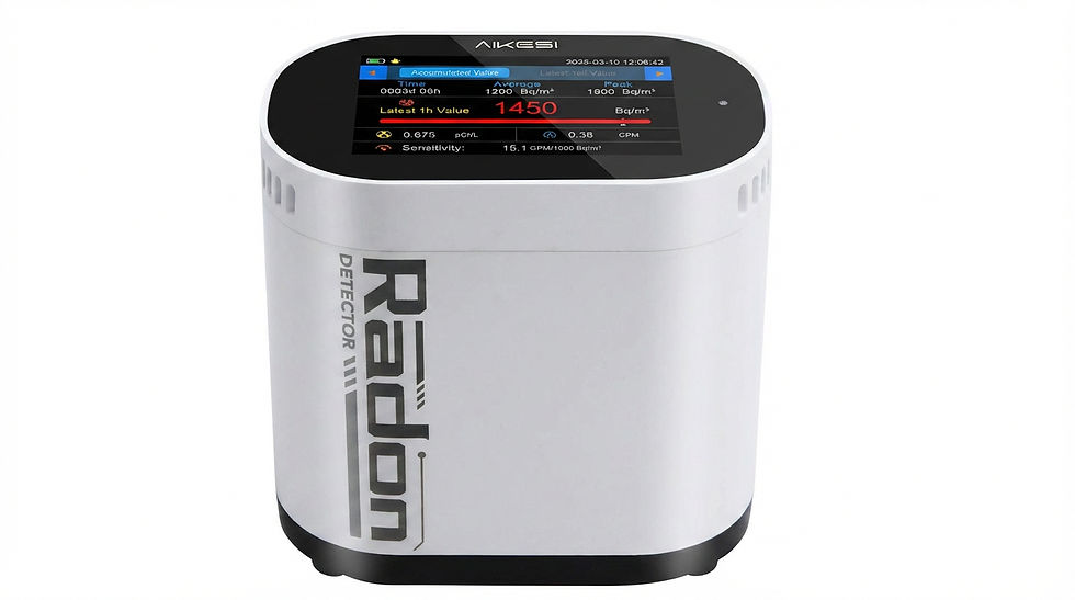 Eye-level view of a modern radon sensor placed on a wooden table