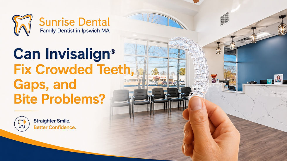 Modern Sunrise Dental office with Invisalign aligner illustrating treatment for crowded teeth, gaps, and bite issues.