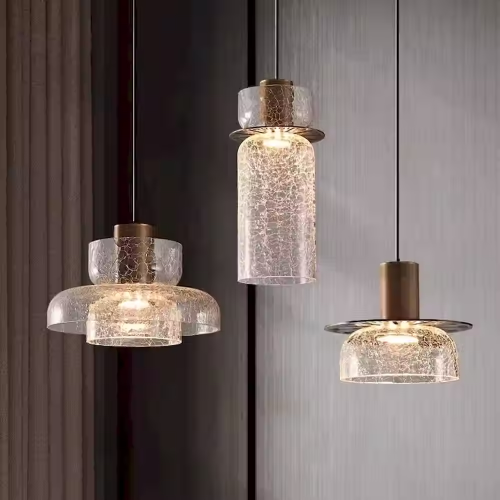 Crackle Glass Brass-Cap Pendant – Integrated LED, 3 Shapes
