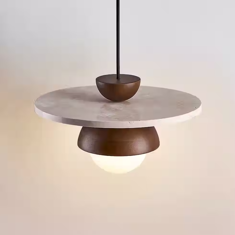Miniature : Travertine Saucer Disc Pendant – Wood Dome with Opal Glass Globe G9_5