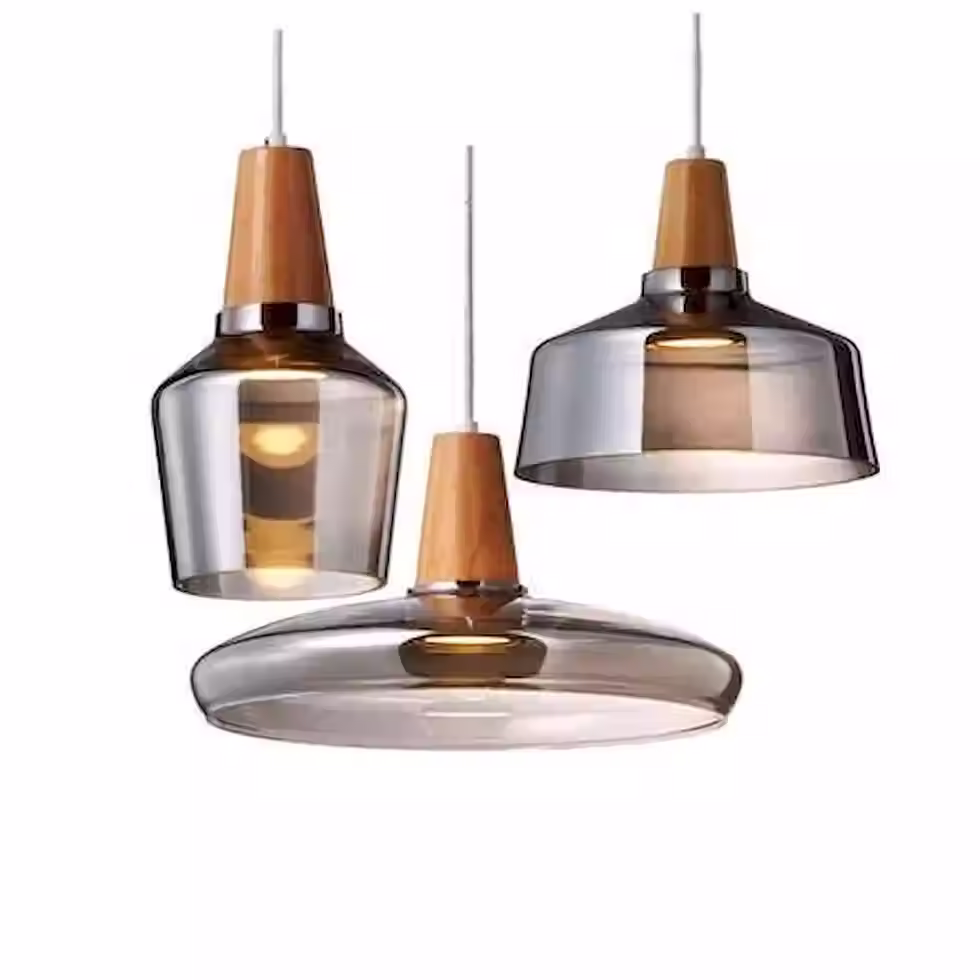 Wood-Cap Tinted Glass Pendant – 3 Shapes Grey/Amber + 3L Cluster, E27_1
