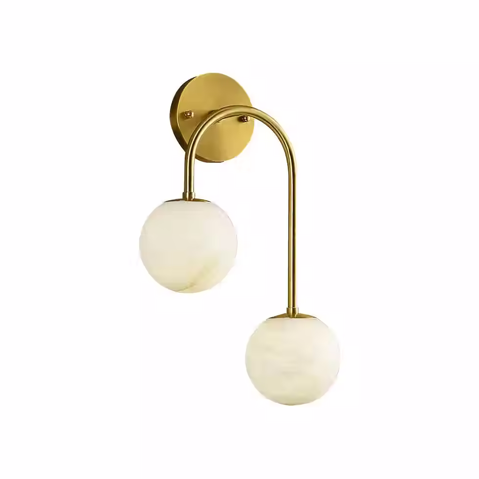 Arco Alabaster Twin-Globe Wall Sconce – G9 Curved Brass Arm Light