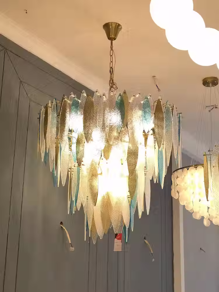 Thumbnail: Textured Glass Feather Plate Chandelier - Gold, Round, Linear & Tiered
