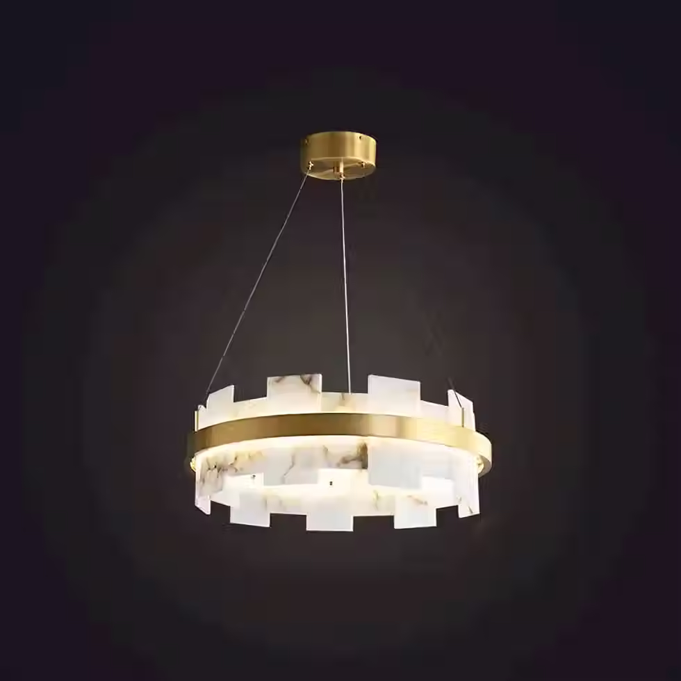 Thumbnail: Twin-Model Alabaster Drum Chandelier – E14 Brass Tall Cascade