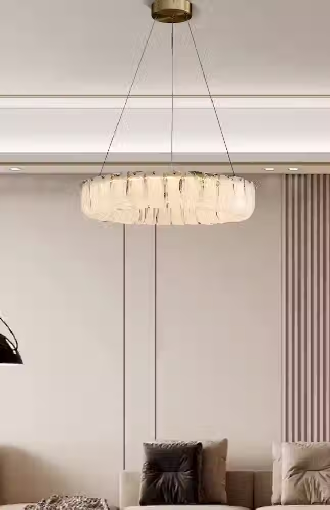 Miniature : Ice-Textured Glass-Block LED Ring Chandelier - Gold, Round & Linear