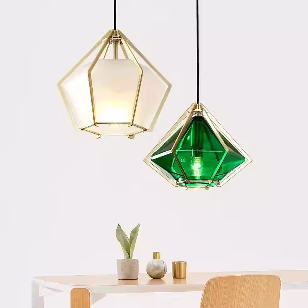 Miniatura: Diamond-Cut Glass Pendant in Brass Cage – 4 Shapes, Frosted/Green_12