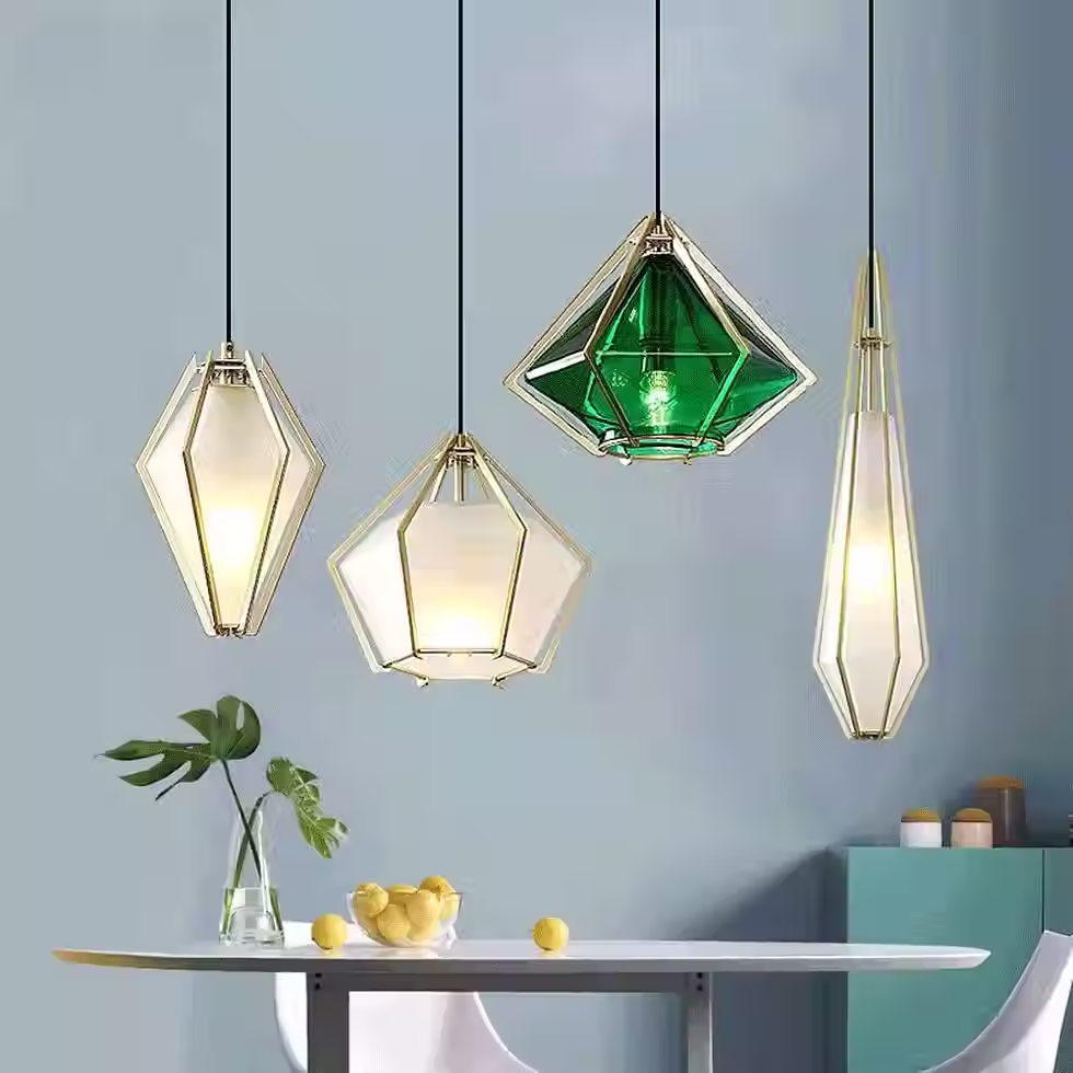 Miniatura: Diamond-Cut Glass Pendant in Brass Cage – 4 Shapes, Frosted/Green_13