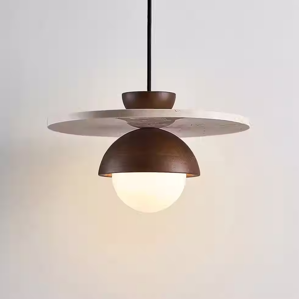 Miniatura: Travertine Saucer Disc Pendant – Wood Dome with Opal Glass Globe G9_4