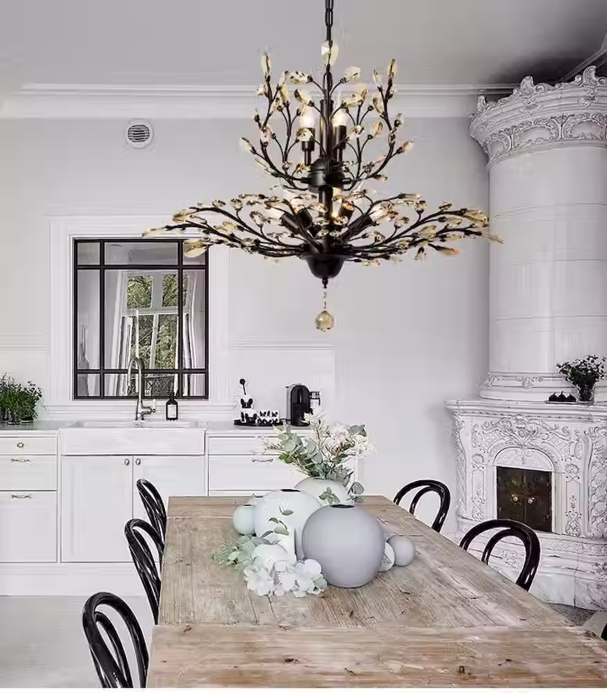Miniature : Two-Tier Branch Glass-Leaf & Crystal Chandelier - Gold, E14