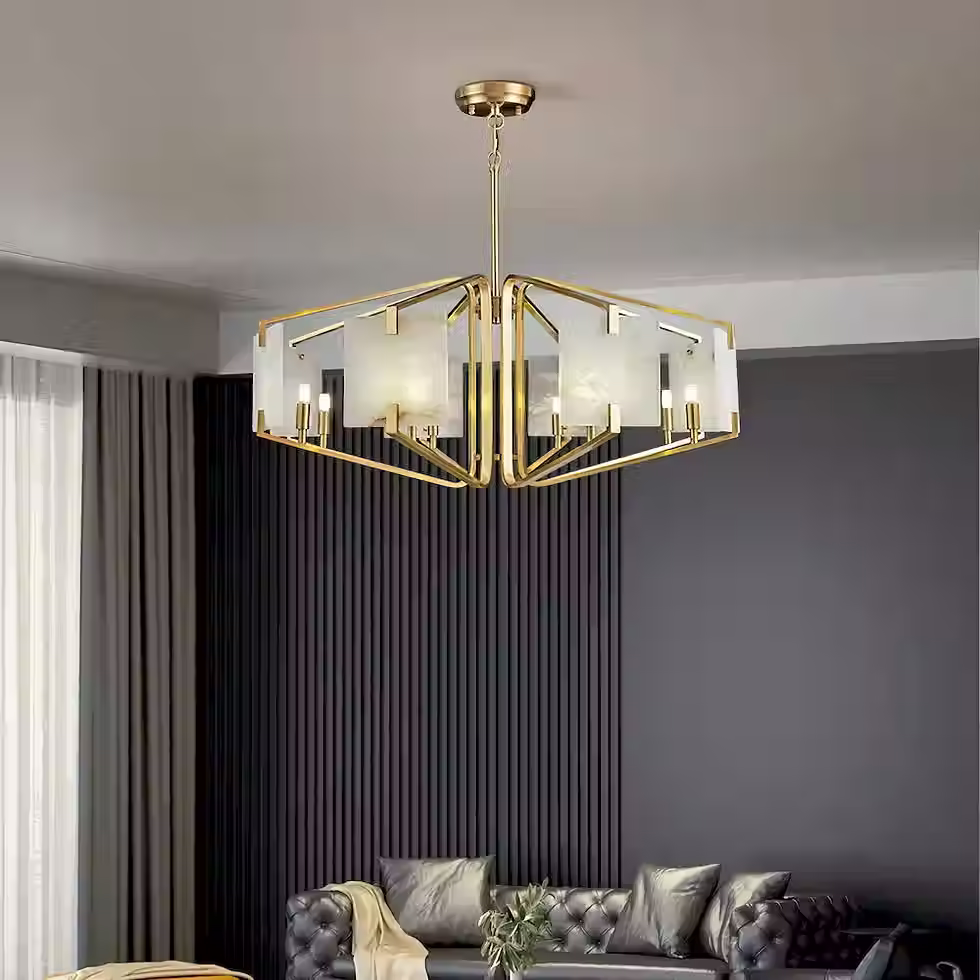 الصورة المصغرة: Alabaster Lantern Chandelier – Faceted Brass Cage Panel Candle Ring