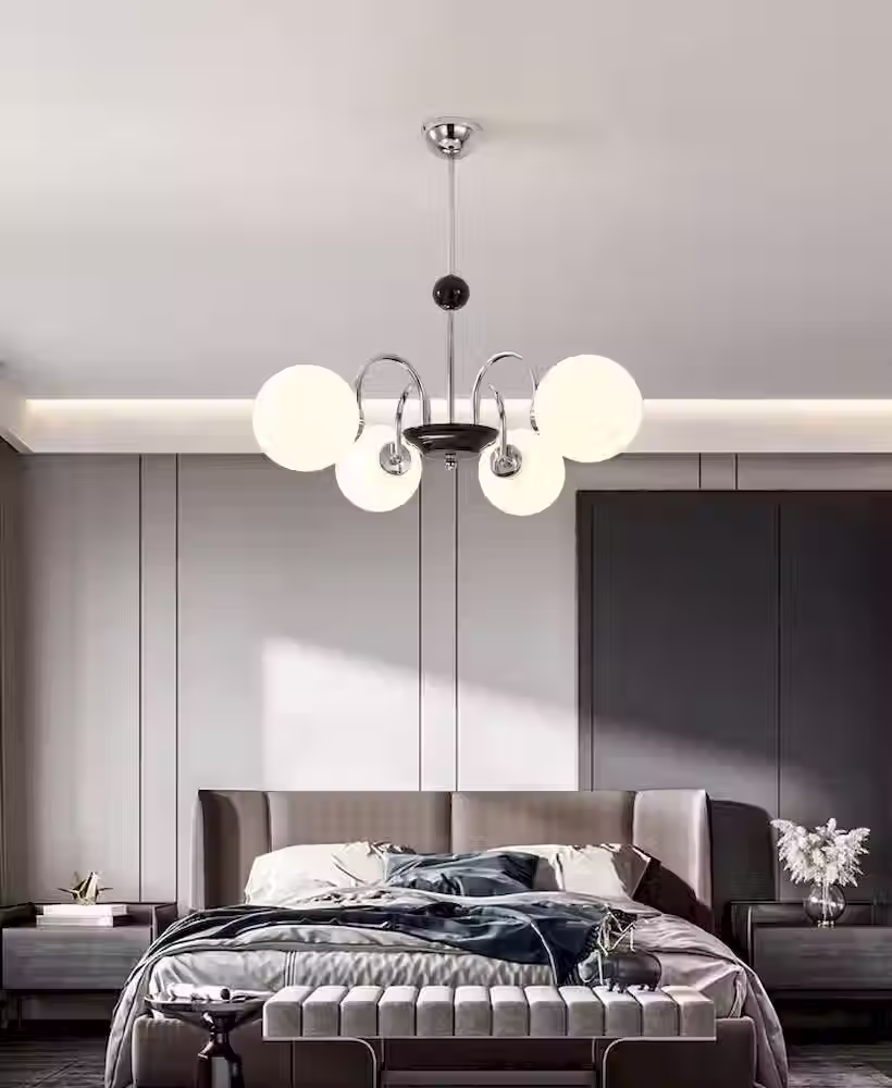 Miniatura: Gold Curved-Arm Sputnik Chandelier - White Glass Globes G9 3-8L