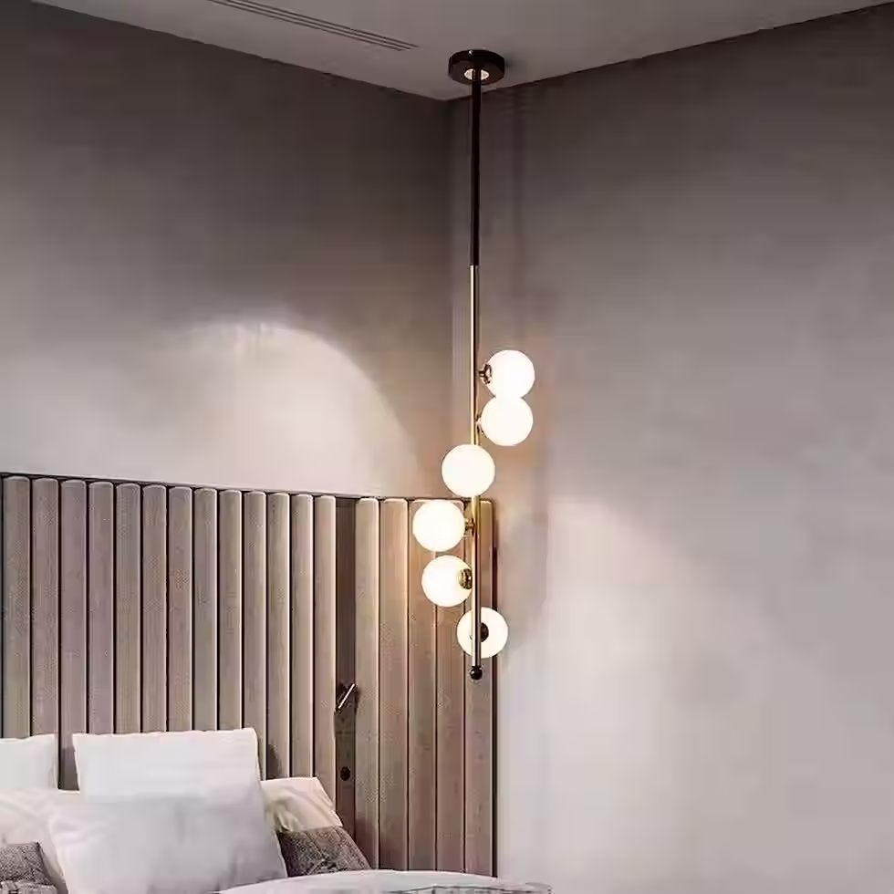 Miniatura: Vertical Spiral Pendant - 6 White Globes Black & Gold Rod G9