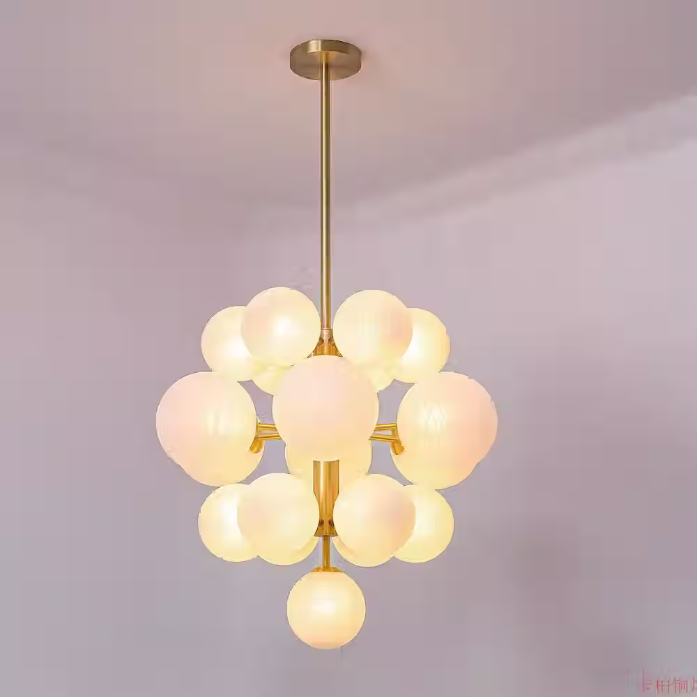 Brass Milky Globe Cluster Chandelier - 13-Light / 4-Ball Mini G9