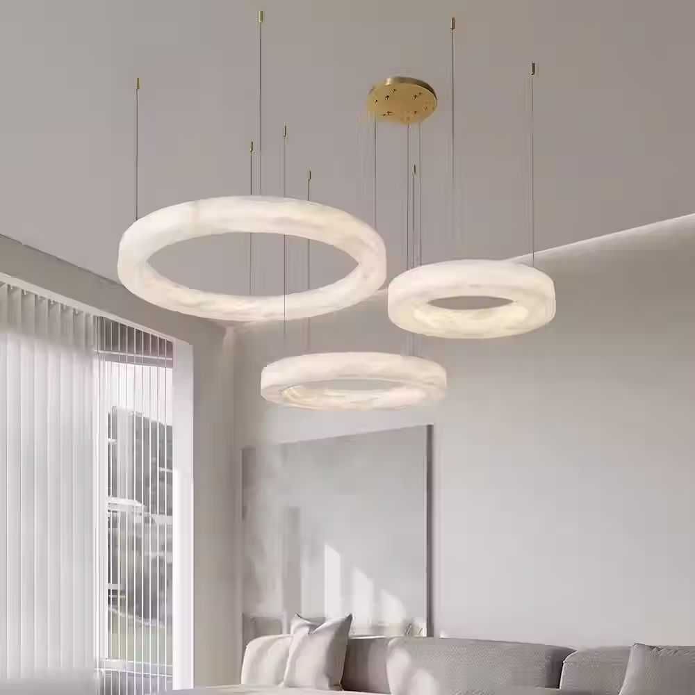 Alabaster Donut Halo Chandelier – Seamless Torus Ring Cable Pendant