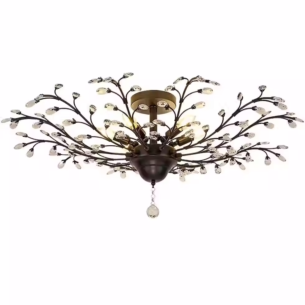 Branch Crystal Semi-Flush Ceiling Light - Gold, E14 Bulbs