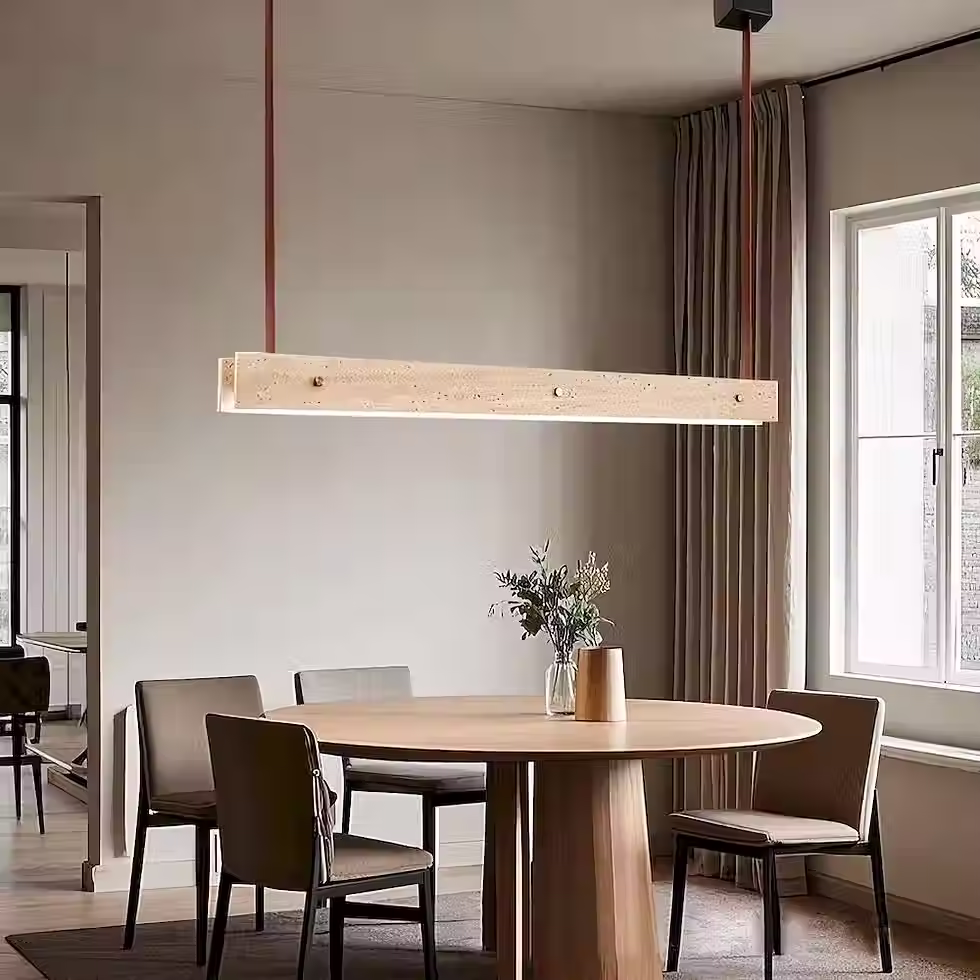 الصورة المصغرة: Travertine Linear Bar Pendant – L120cm Beam with Leather Cords_3