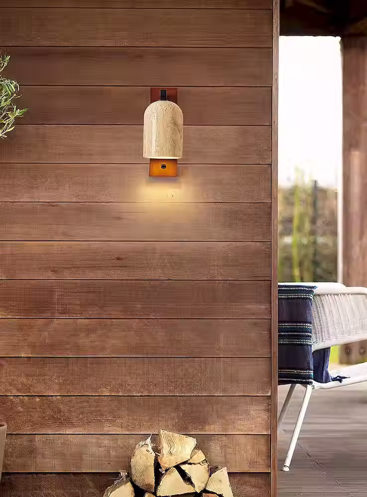 الصورة المصغرة: Travertine Bell Wall Sconce – Wood Backplate Black Arm Switch E27