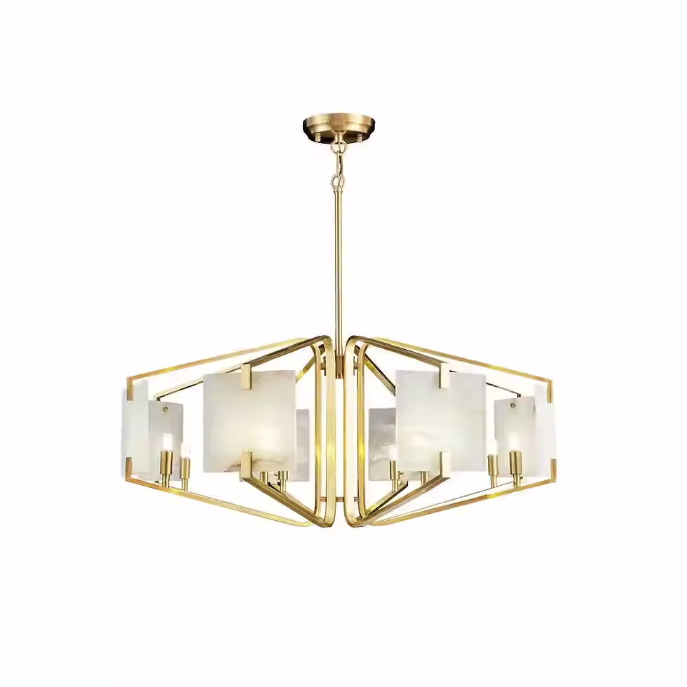 Alabaster Lantern Chandelier – Faceted Brass Cage Panel Candle Ring