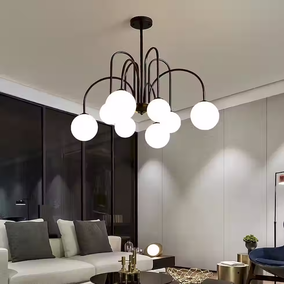Thumbnail: Golden Branched Chandelier - Milky Glass Globes 850mm G9