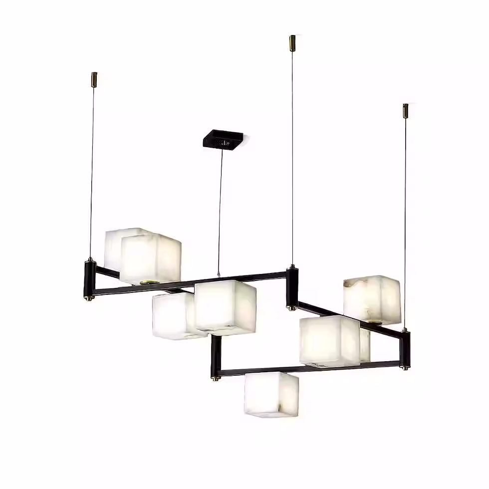 Alabaster Cube Chandelier – Black Bar Brass Linear Island Pendant