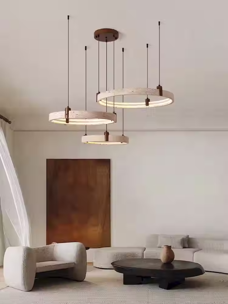الصورة المصغرة: Travertine Multi-Tier Ring Drop Chandelier – Walnut Wood H150 LED_11