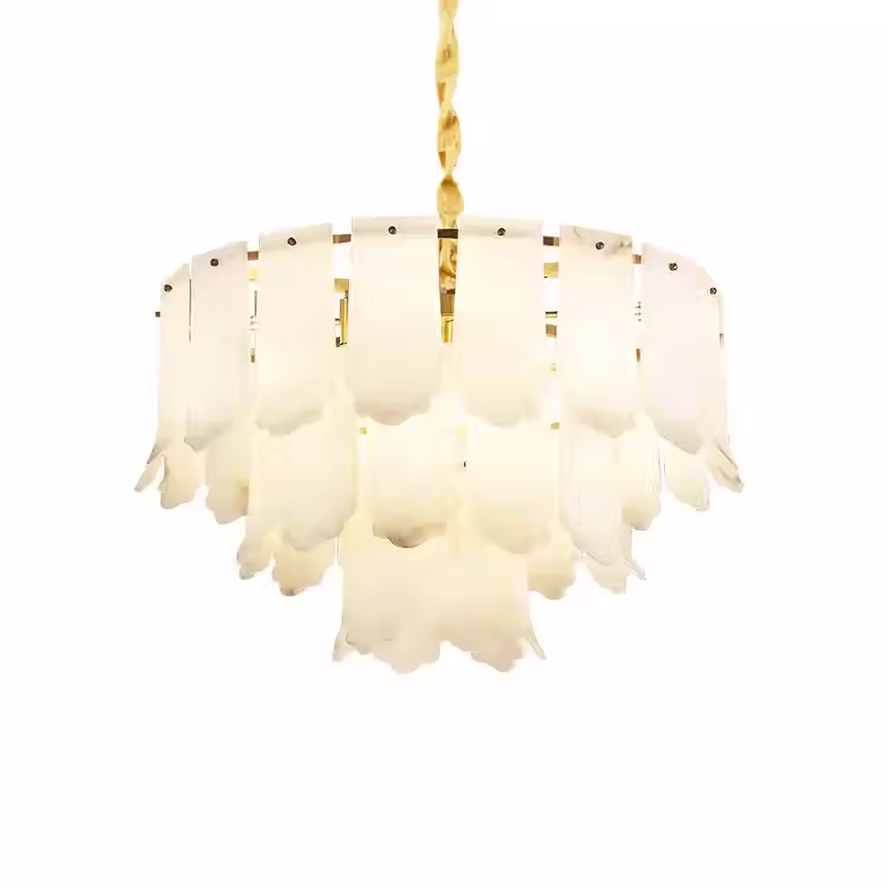 Two-Tier Alabaster Scallop Petal Chandelier – E14 Brass