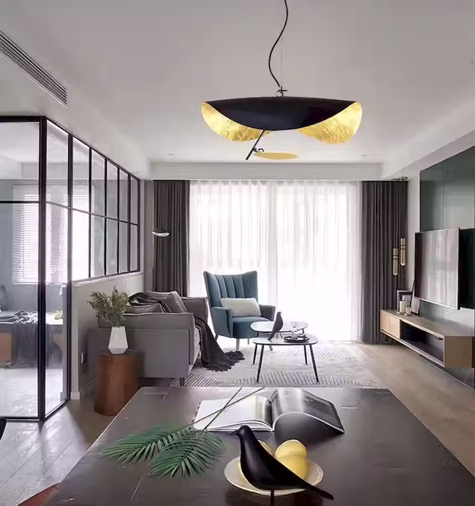 Post-Modern Black & Gold Curved Saucer LED Pendant Light Ø60cm