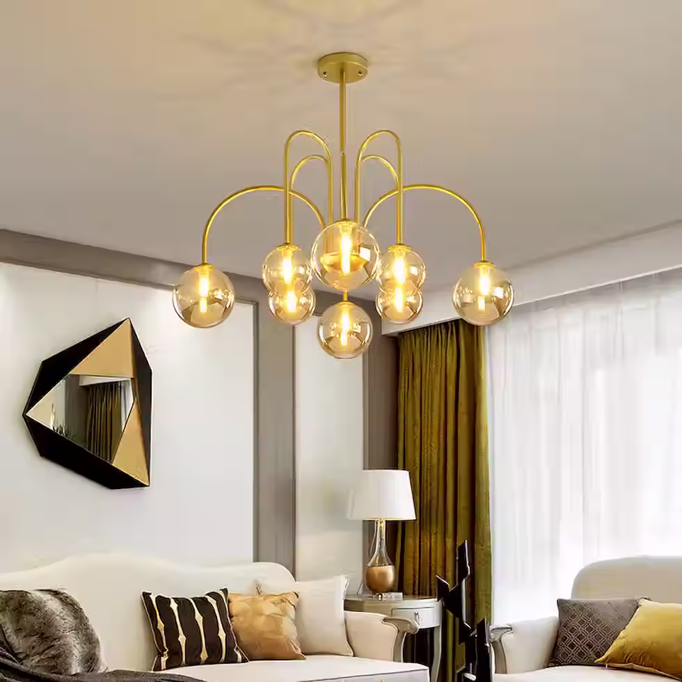 Thumbnail: Golden Branched Chandelier - Milky Glass Globes 850mm G9