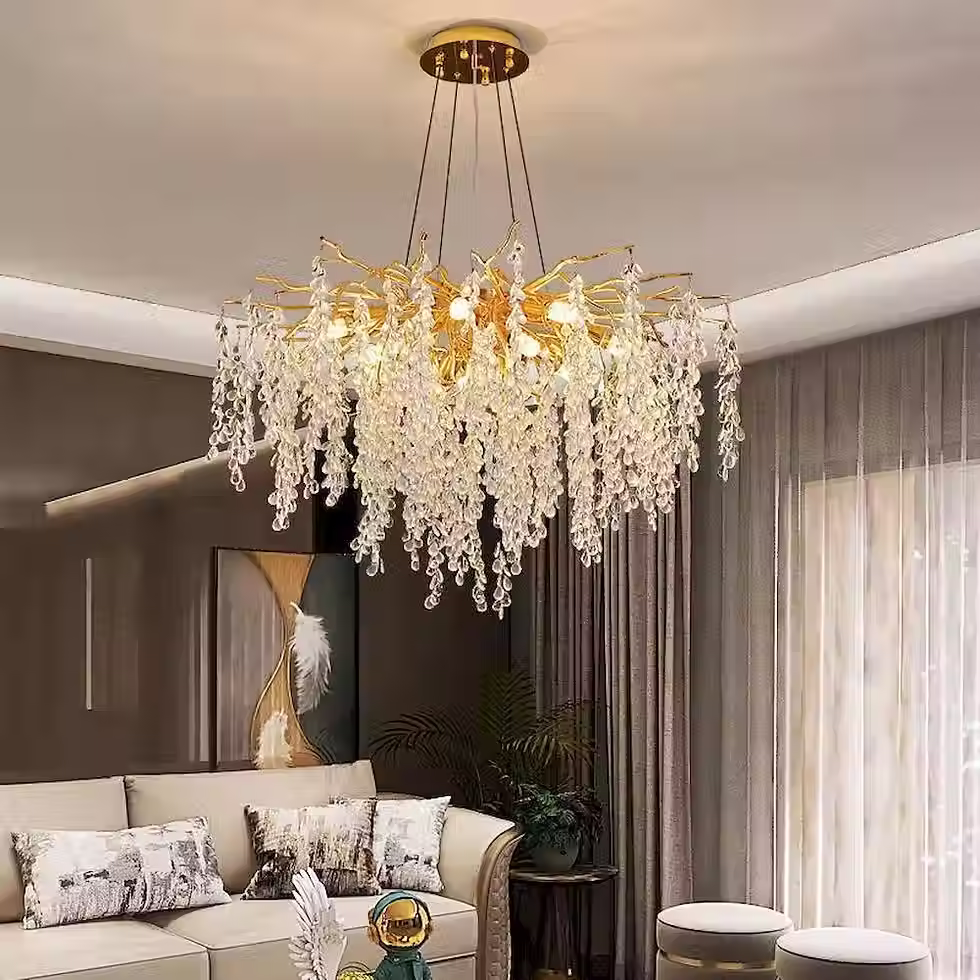 Thumbnail: Gold Branch Wisteria Crystal-Bud Linear Chandelier - G9 Bulbs