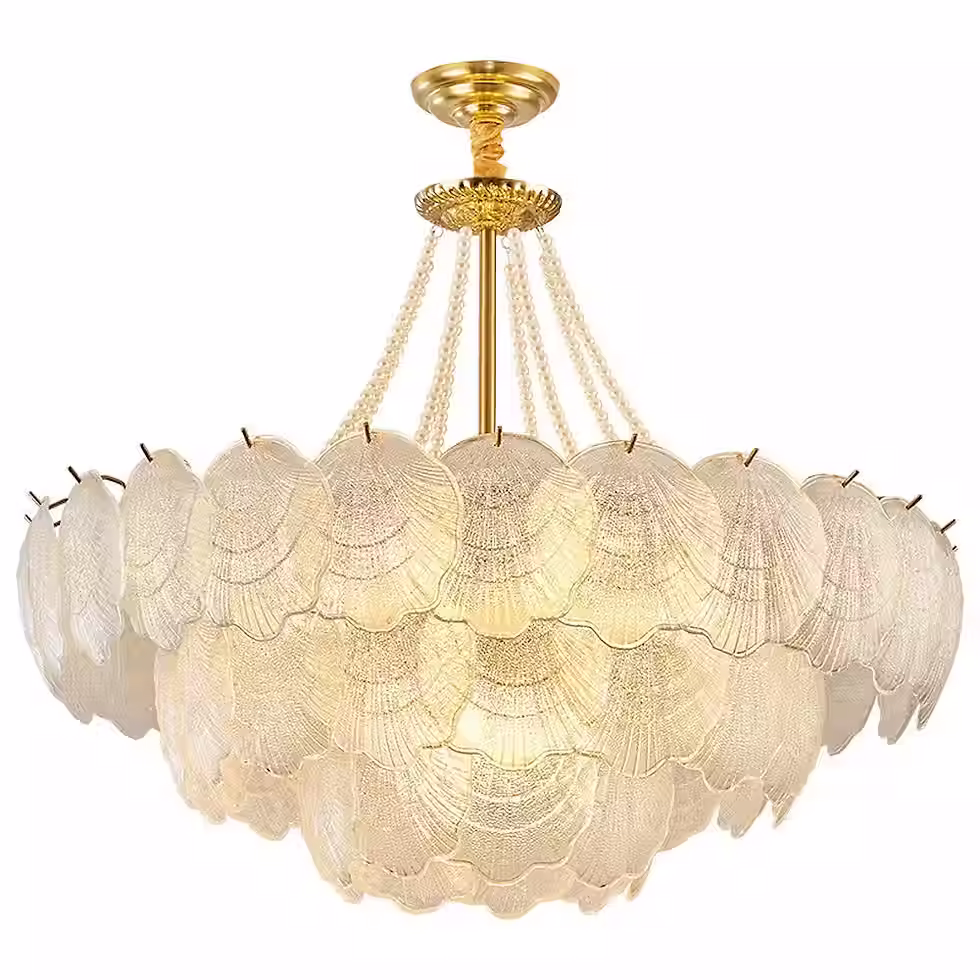 Scalloped Shell Glass & Pearl Drum Chandelier - Gold, E14 Bulbs