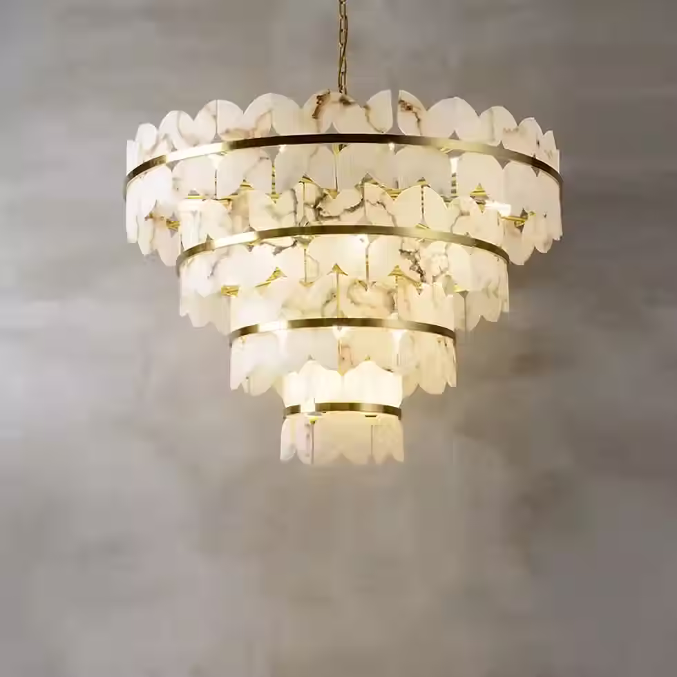 Thumbnail: Tiered Alabaster Scallop-Edge Chandelier – E14 Brass Ring
