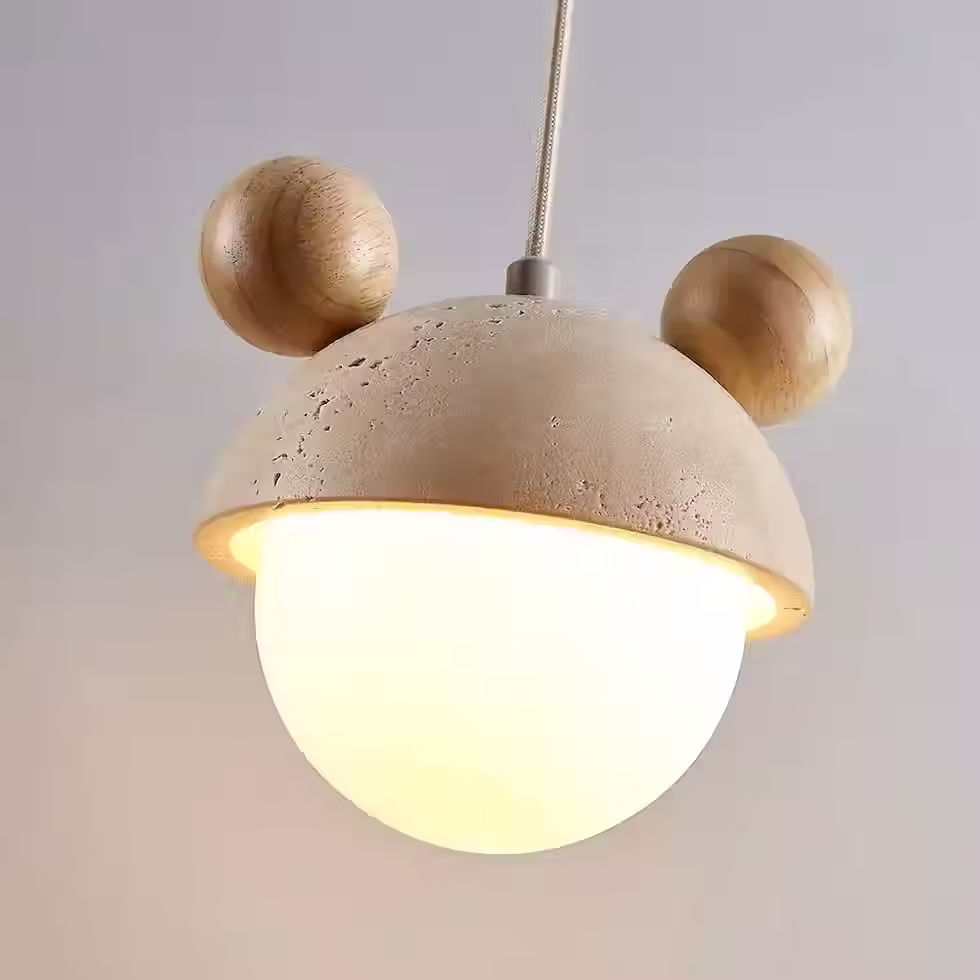 Thumbnail: Travertine Twin-Ear Dome Pendant – Wood Ball Accents Opal Globe G9_4