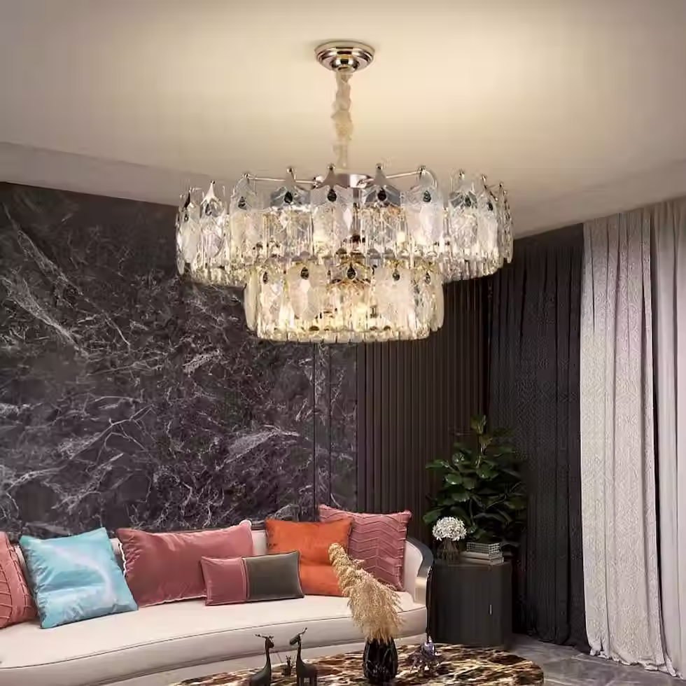 Crown-Edge Textured-Crystal Round Chandelier - Chrome, Round & Linear