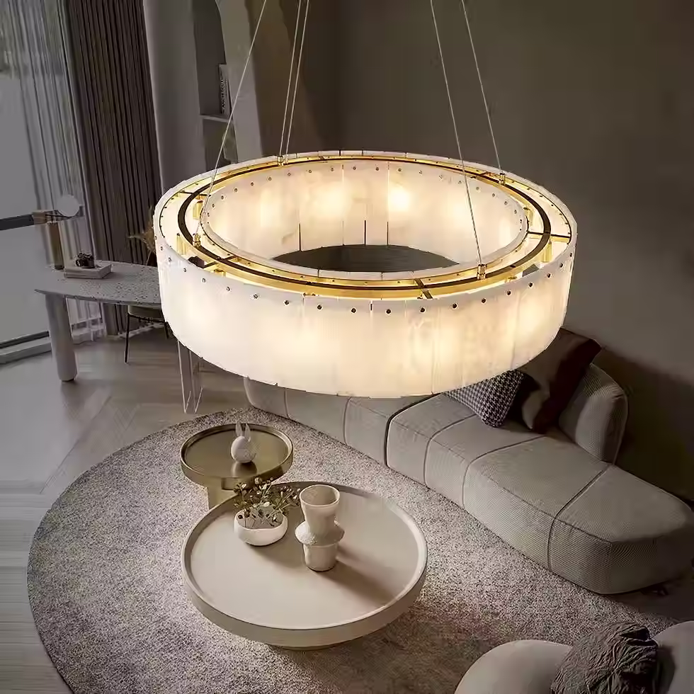 Миниатюра: Alabaster Panel Round Drum Chandelier – Copper E14 Pendant_13