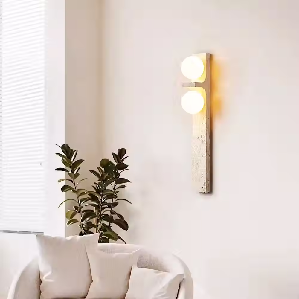 Travertine Wall Sconce – Tall Stone Post Twin Opal Glass Globes G9