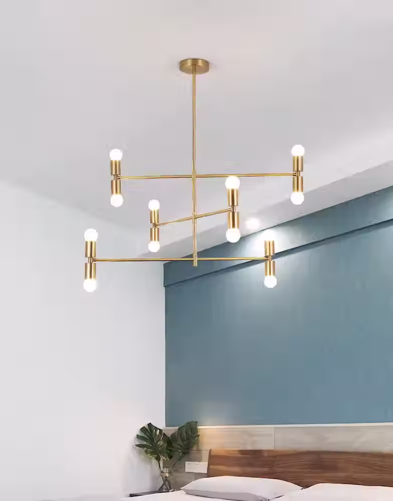 Post-Modern Brass 6-Arm Rotatable Chandelier, 12 Bare Bulbs E27