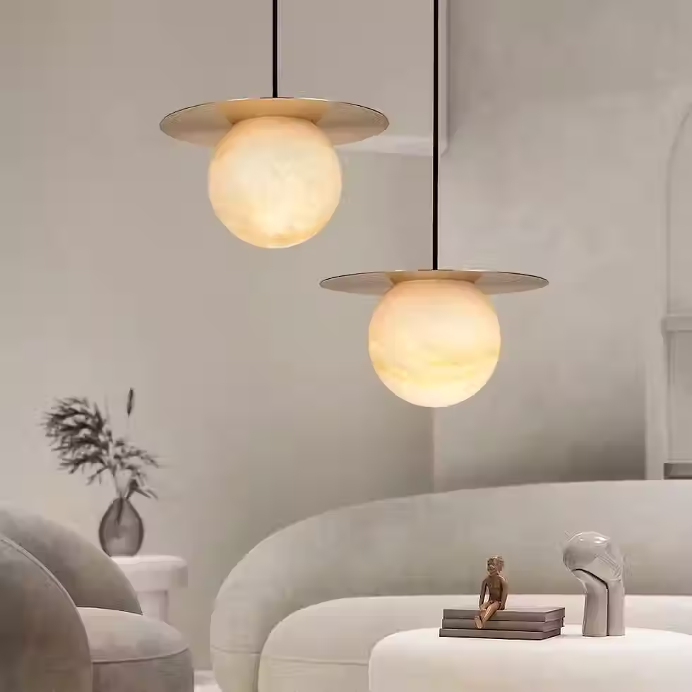 Alabaster Globe Saturn Disc Pendant – Brass Collar G9