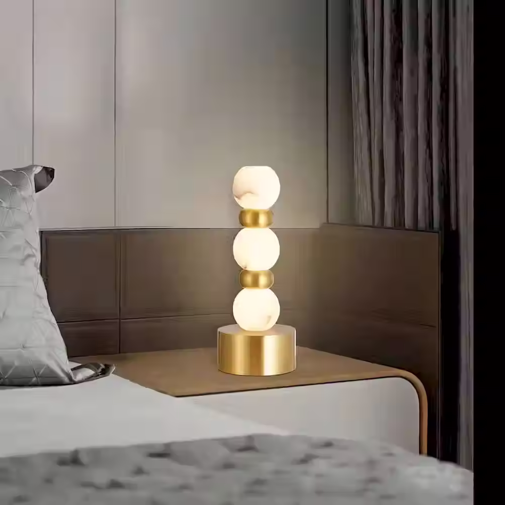 Alabaster Table Lamp – Gold Brass Stacked Sphere LED Dia 20 x H 52cm