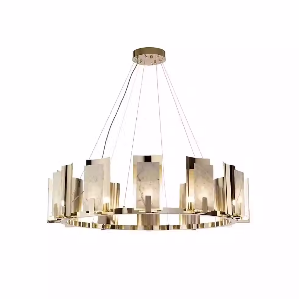 Alabaster Crown Chandelier – Gold Blade Ring E14 Candle Round Halo