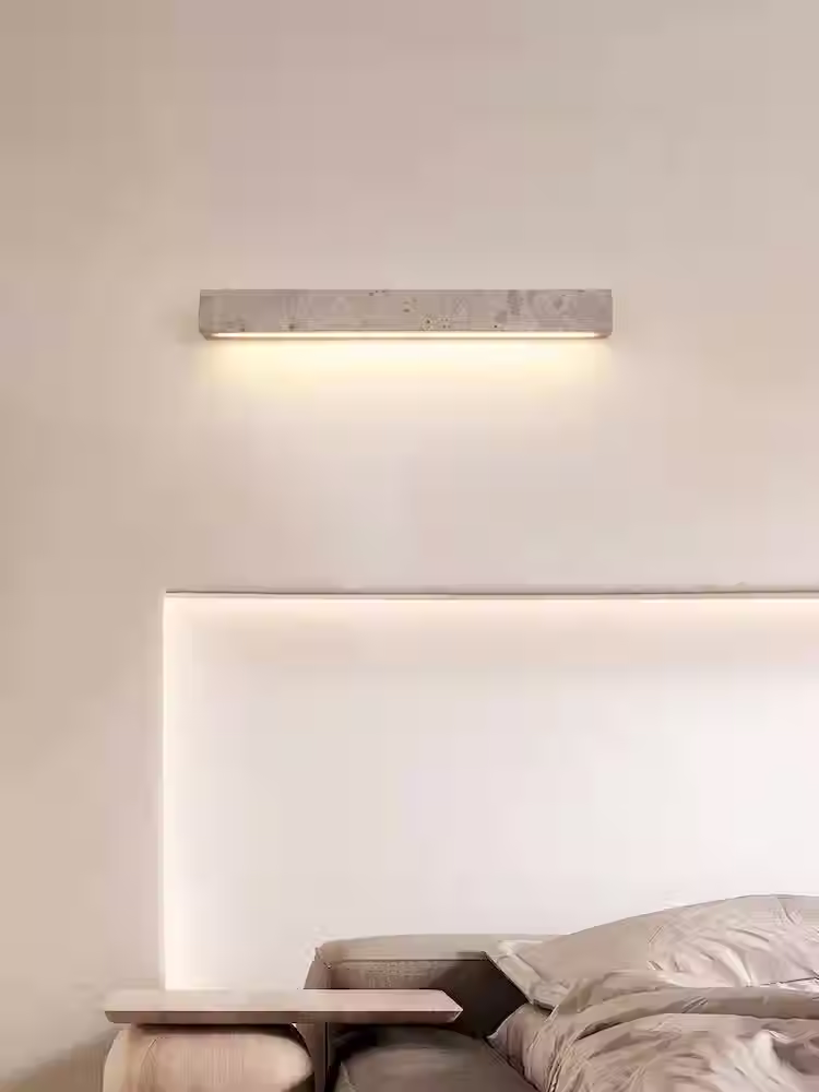 Travertine Linear Wall Light – Solid Beige Stone Bar Warm LED Sconce