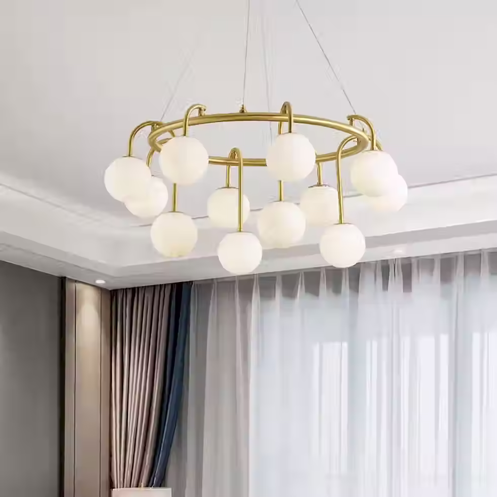 Alabaster Globe Ring Chandelier – Brass Hook Arm 8 to 15 Head Halo