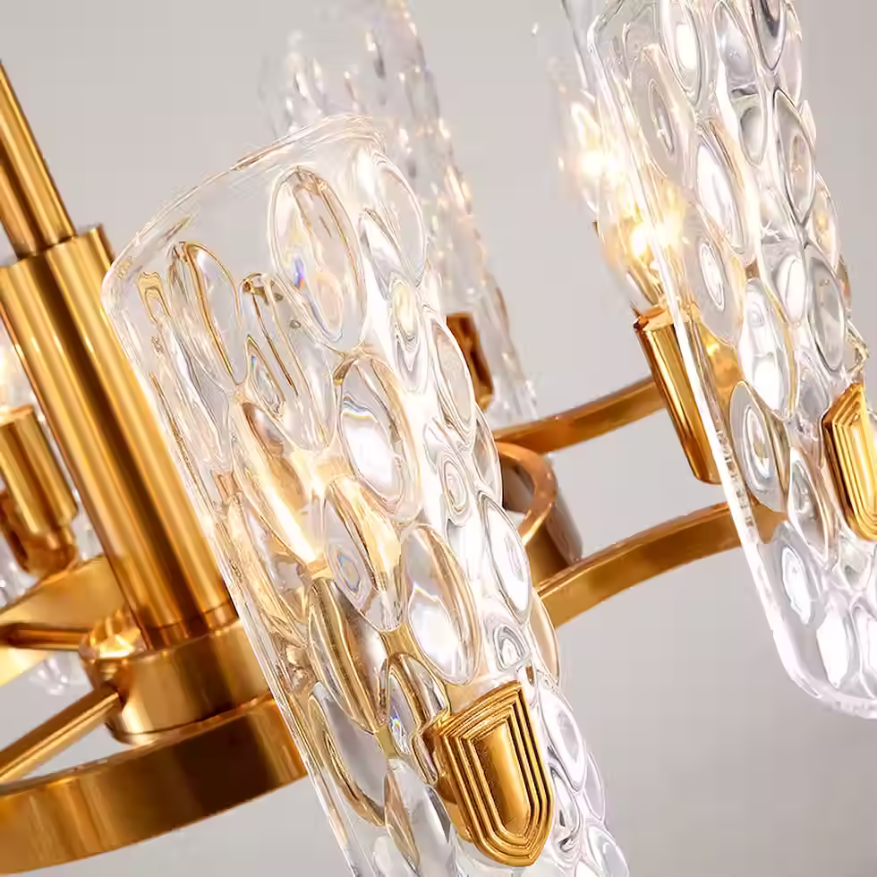 الصورة المصغرة: Hammered Glass-Cylinder Brass-Ring Chandelier - Gold, Round & Linear