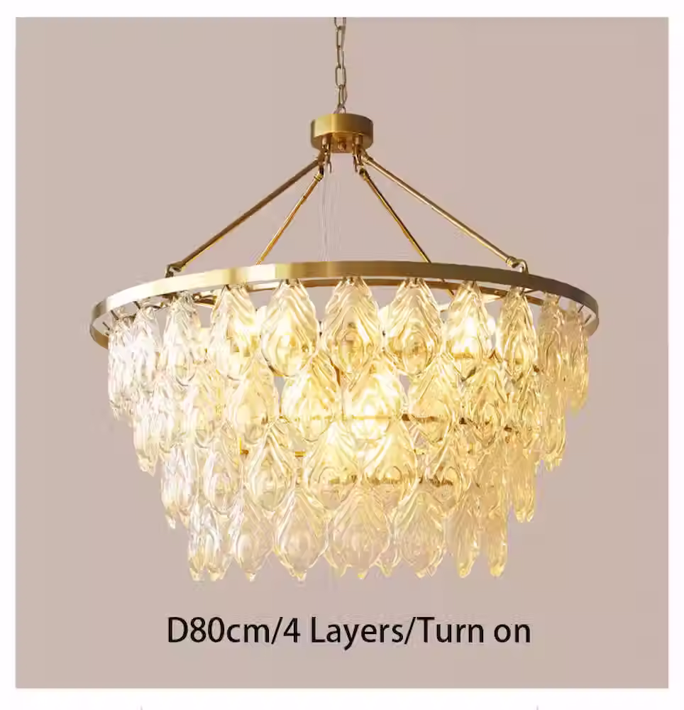 الصورة المصغرة: Ribbed Teardrop Glass-Leaf Tiered Chandelier - Gold, Dia 40-80cm