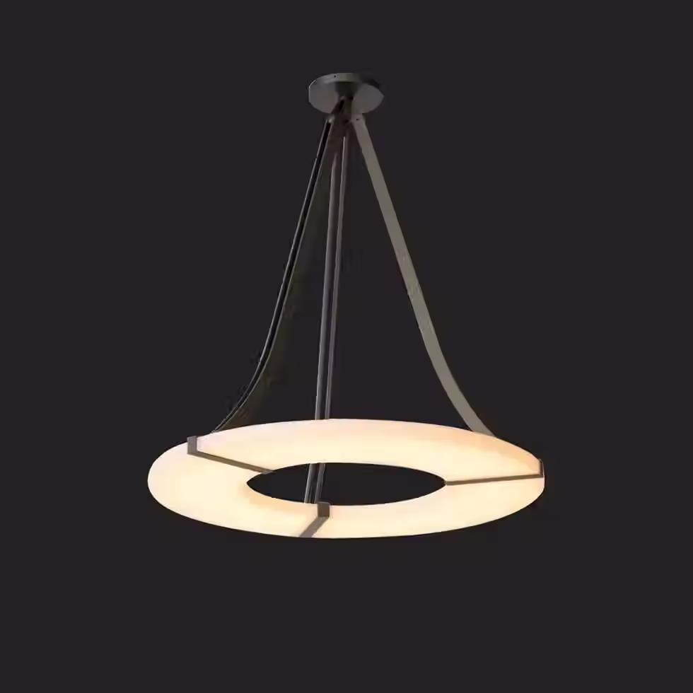 Miniature : Alabaster Ring Chandelier – Black Leather Strap Halo LED Round Disc